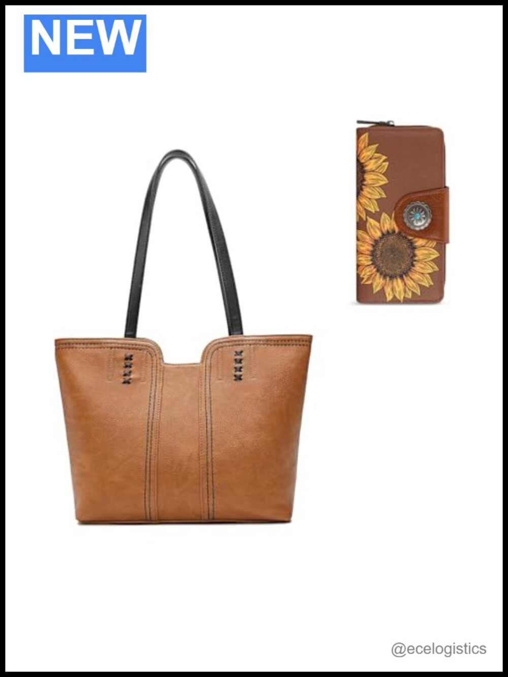 Vegan Leather Tote Bag with Card Wallet Set, Top Zipper, Braided Detail
